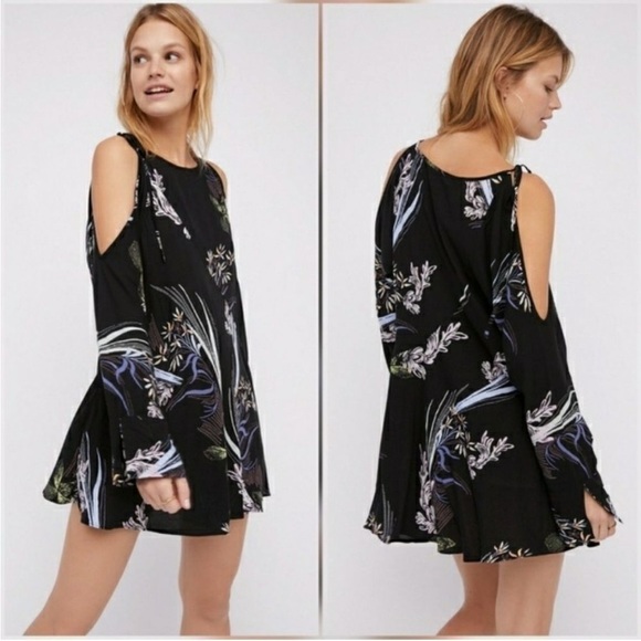 Free People Clear Skies Printed Cold Off The Shoulder Tunic Dress Black Floral - Picture 14 of 15